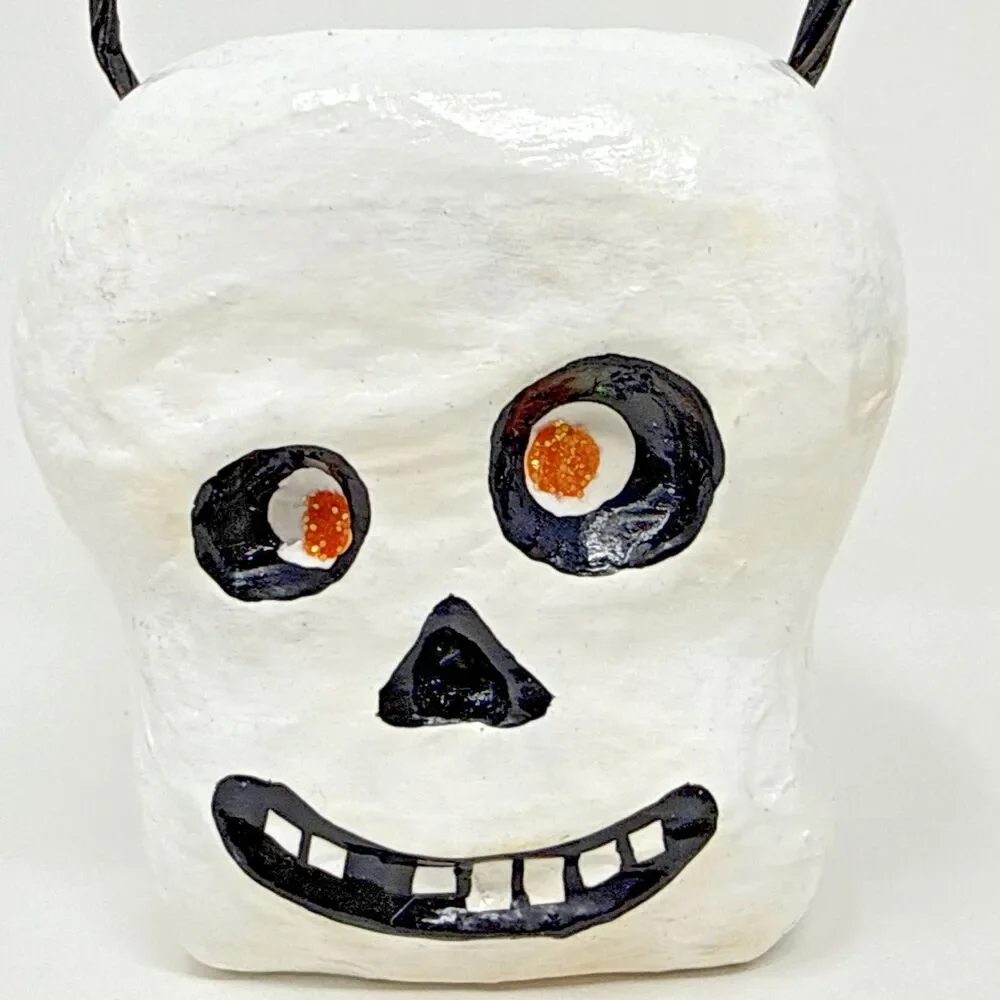 Pottery Barn Kids Paper Mache Owl & Skull Mini Candy Holder Halloween 3x3 Retro